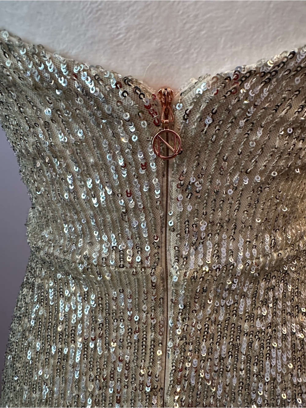 Nookie Lovers Nothings Sequin Spaghetti-Strap Evening Gown in Silver size small. - Picture 8 of 16